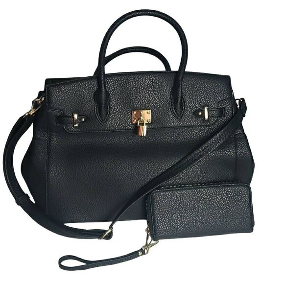 Two Tone Satchel Black Faux Leather Handbag with Decorative Lock - Picture 1 of 17